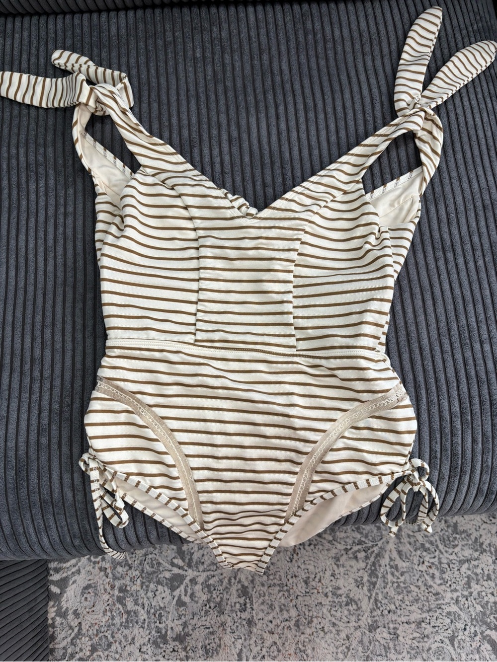 Tularosa Cream and Brown Striped One-Piece Swim